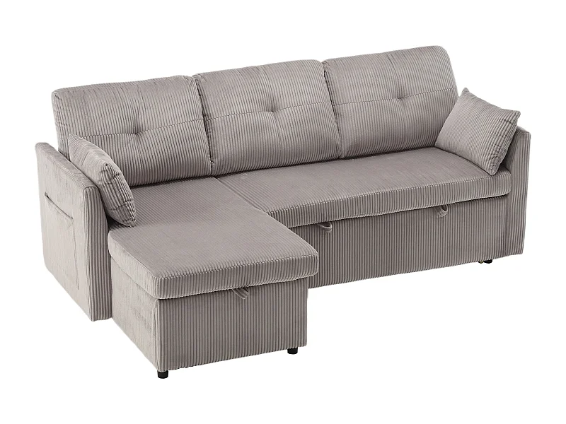 Hoek slaapbank 206x108x66 cm, omkeerbare chaise longue, opbergruimte, zijvakken, ribfluweel, lichtgrijs