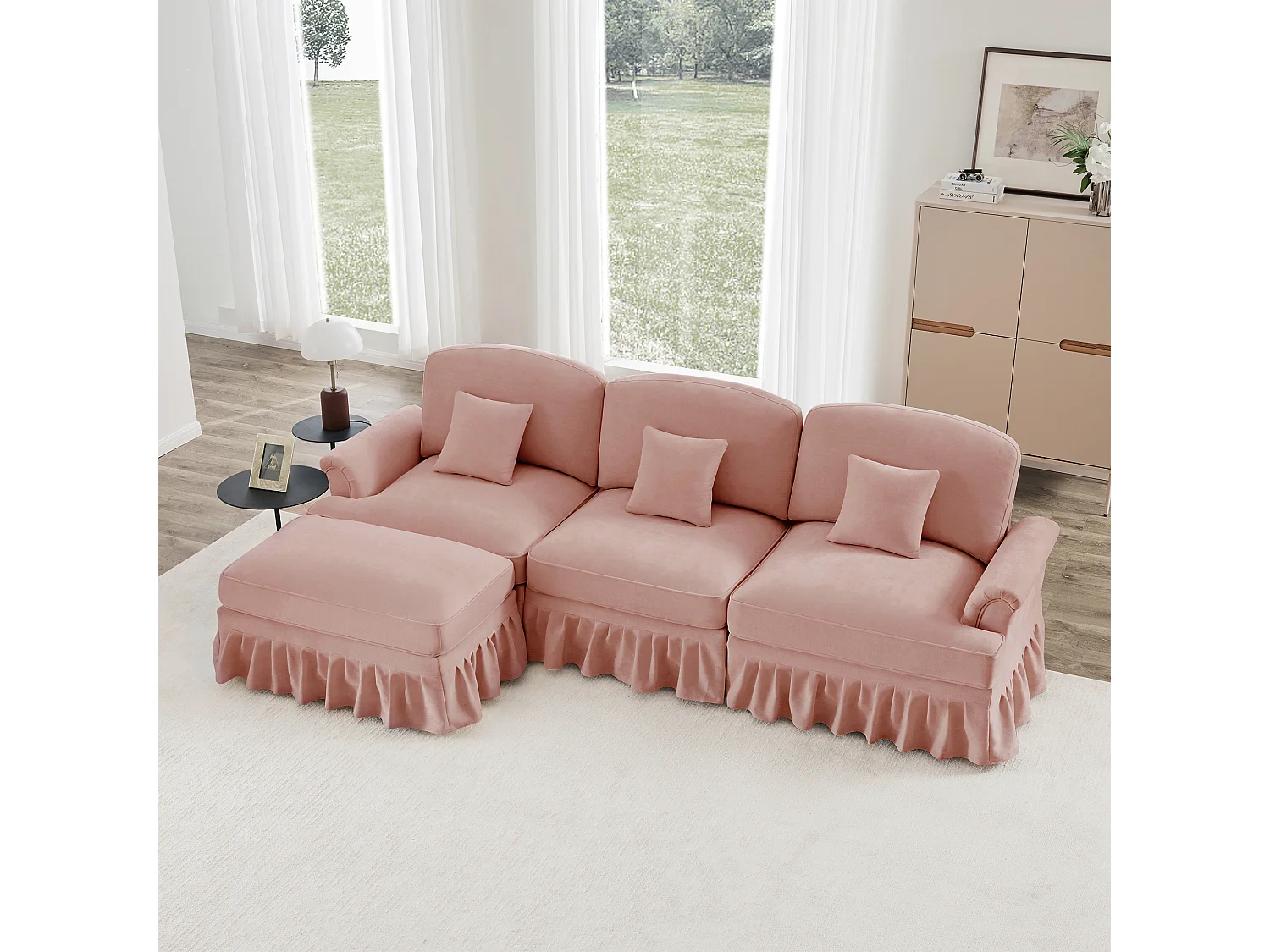 Canapé 3 places modulable style rétro fonctionnel pouf polyvalent Chenille rose