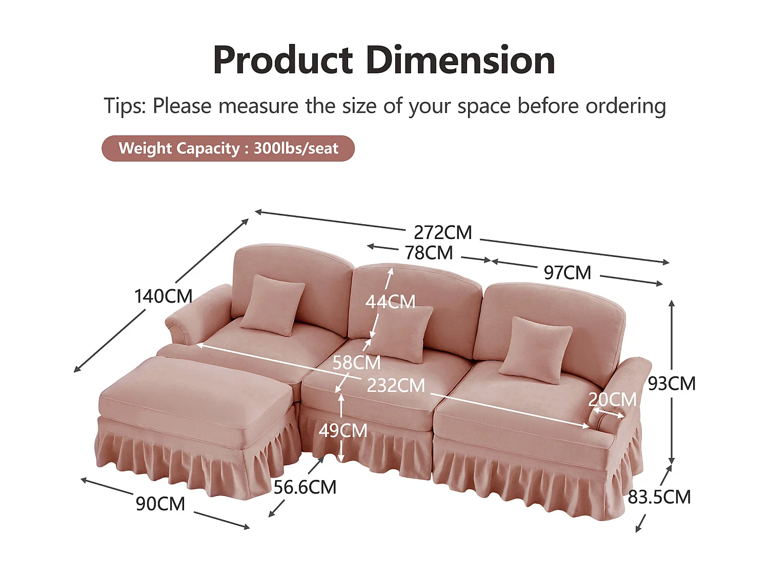Canapé 3 places modulable style rétro fonctionnel pouf polyvalent Chenille rose