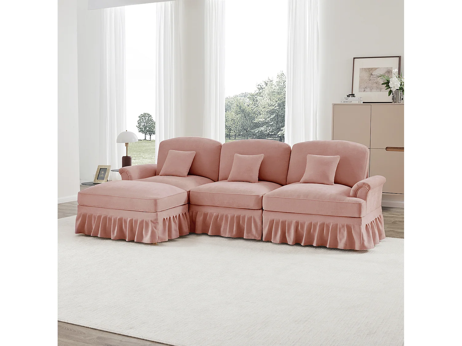 Canapé 3 places modulable style rétro fonctionnel pouf polyvalent Chenille rose
