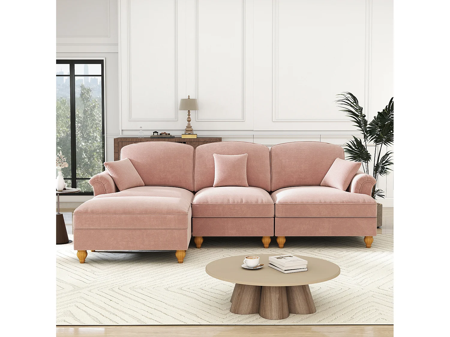 Canapé d'angle modulable, deux styles, housses à volants amovibles, chenille rose