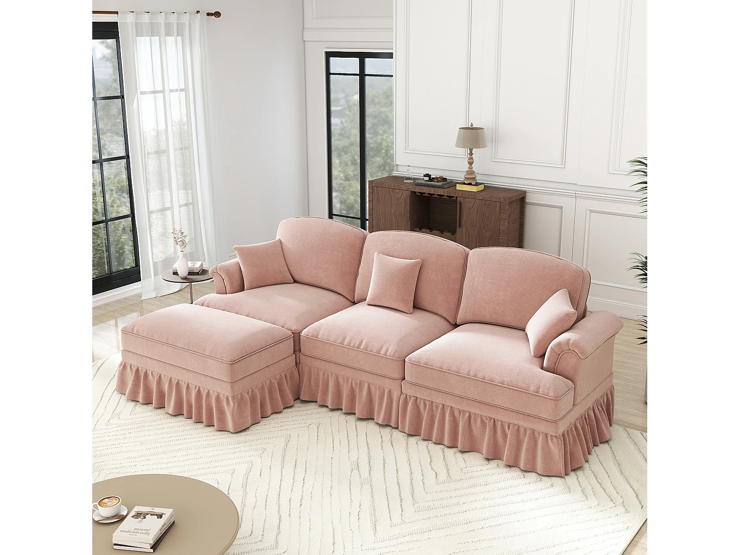 Canapé d'angle modulable, deux styles, housses à volants amovibles, chenille rose