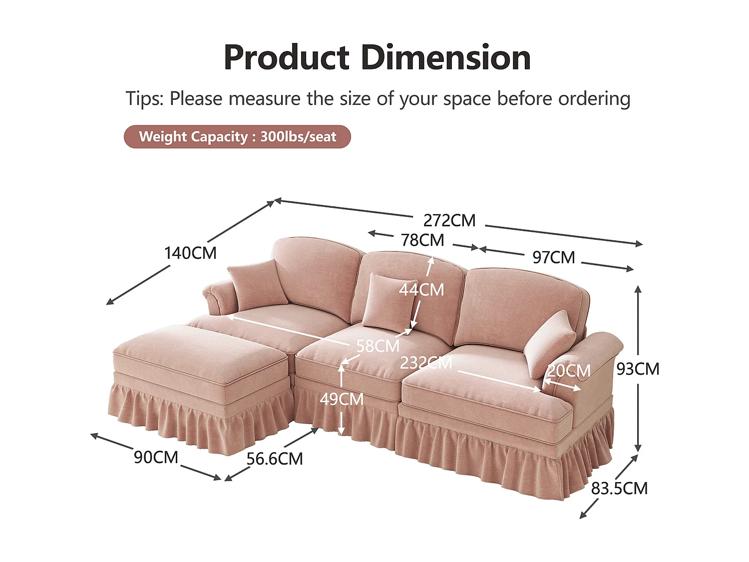 Canapé d'angle modulable, deux styles, housses à volants amovibles, chenille rose