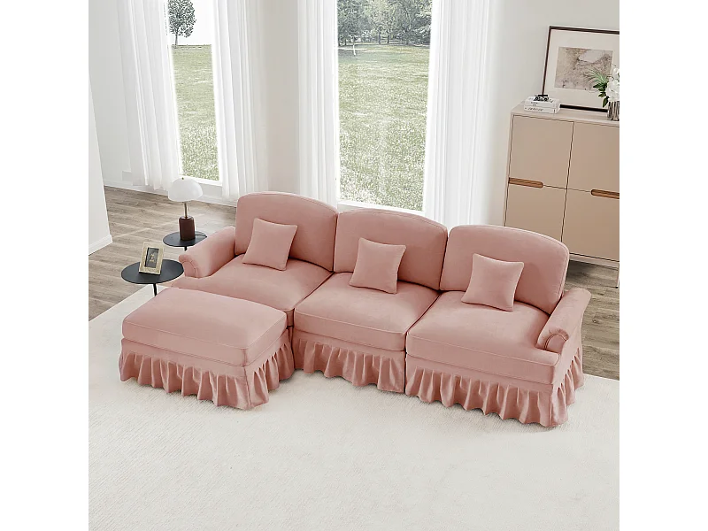 Canapé 3 places modulable style rétro fonctionnel pouf polyvalent Chenille rose