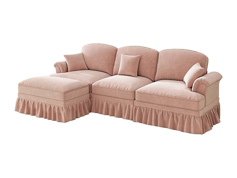 Canapé d'angle modulable, deux styles, housses à volants amovibles, chenille rose