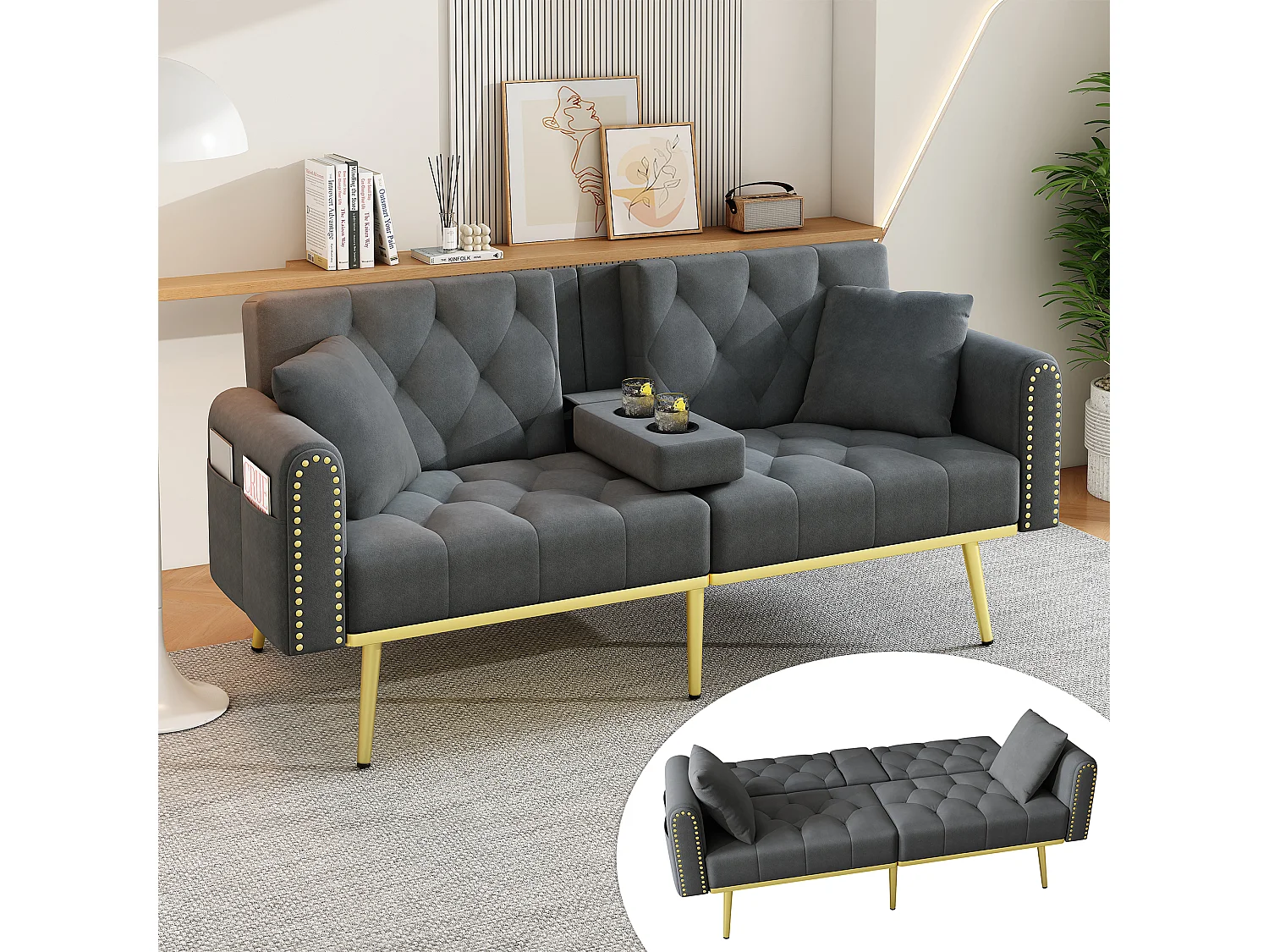 Canapé convertible Confortable structure métallique Velours Gris (Sans matelas)