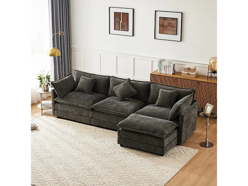 Canapé 283x147x84cm design moderne pouf mobile coussins lombaires Chenille gris foncé