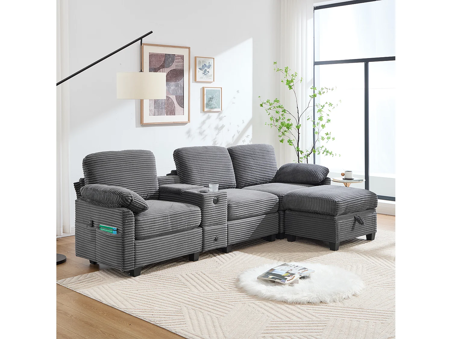 Canapé 266x136x82cm grand moderne avec rangement et assise mémoire velours côtelé idéal salon gris foncé