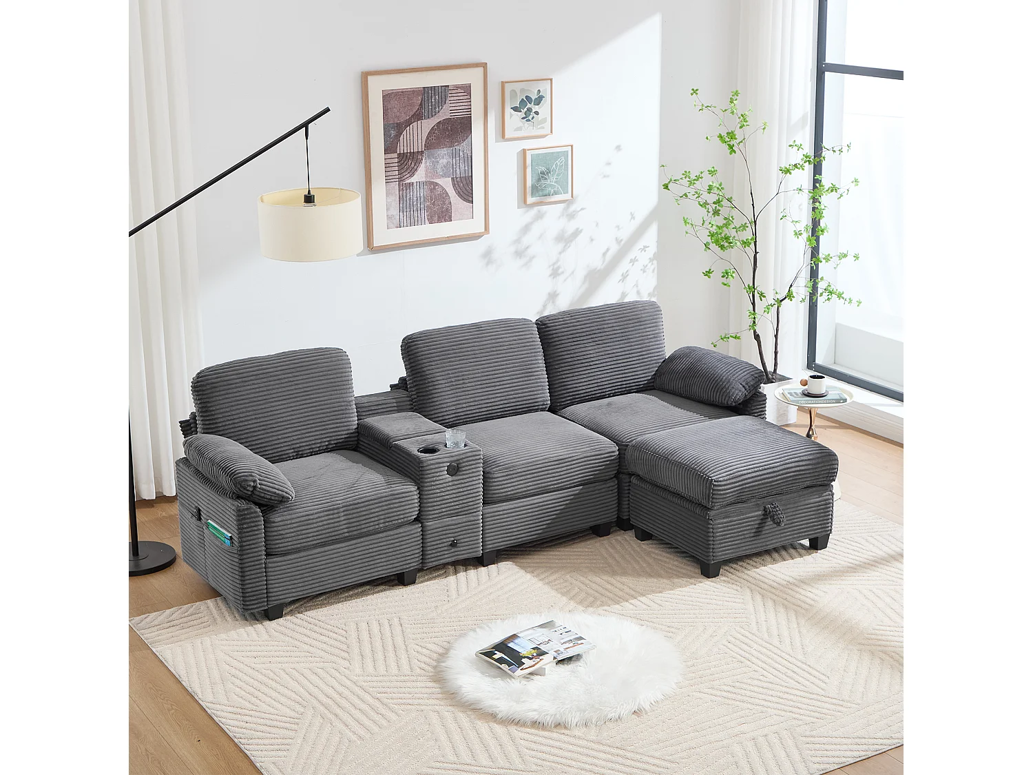 Canapé 266x136x82cm grand moderne avec rangement et assise mémoire velours côtelé idéal salon gris foncé