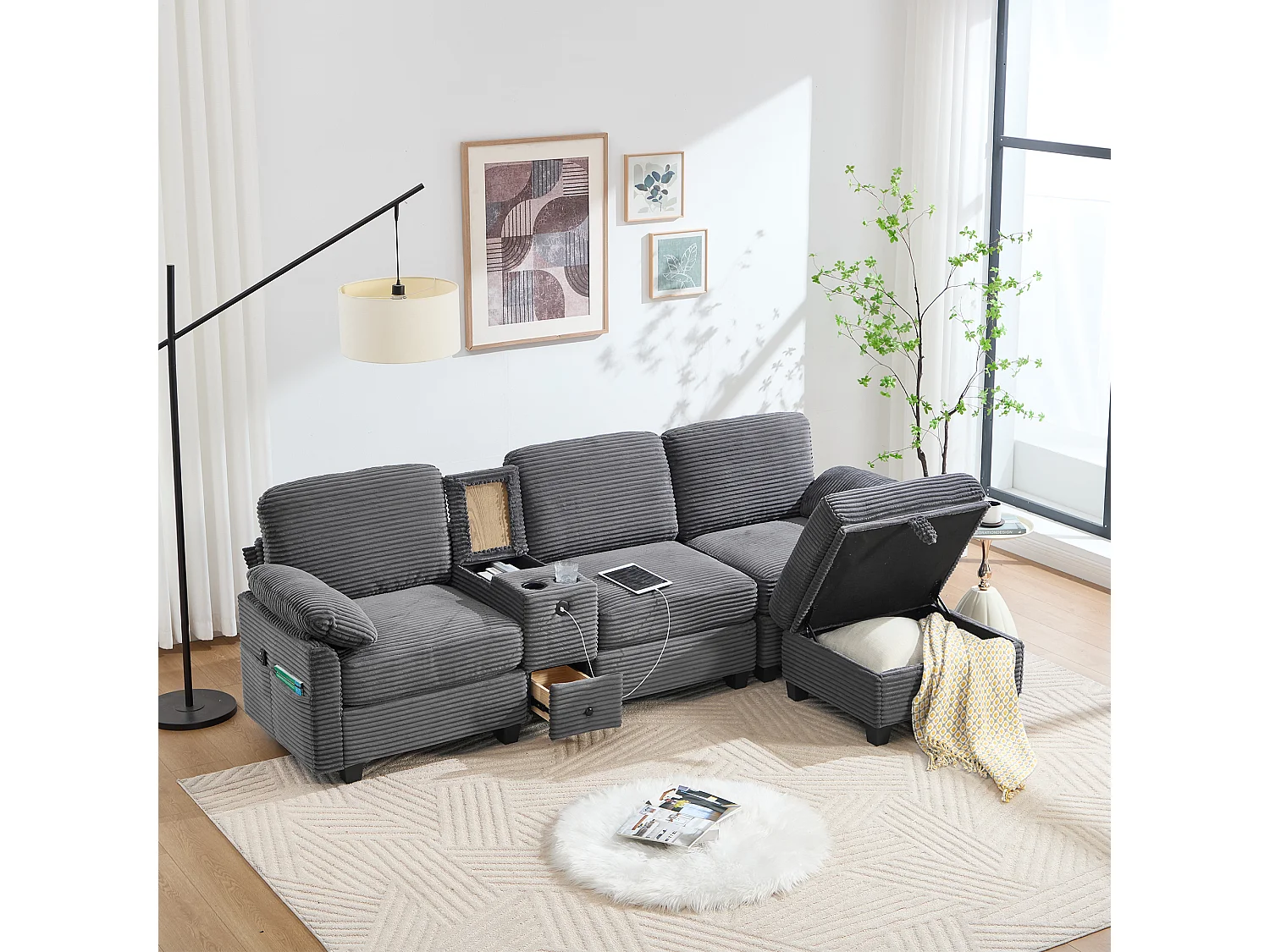 Sofá 266x136x82 cm, espuma viscoelástica, consola central deslizante con portavasos, USB C, pana gris oscuro