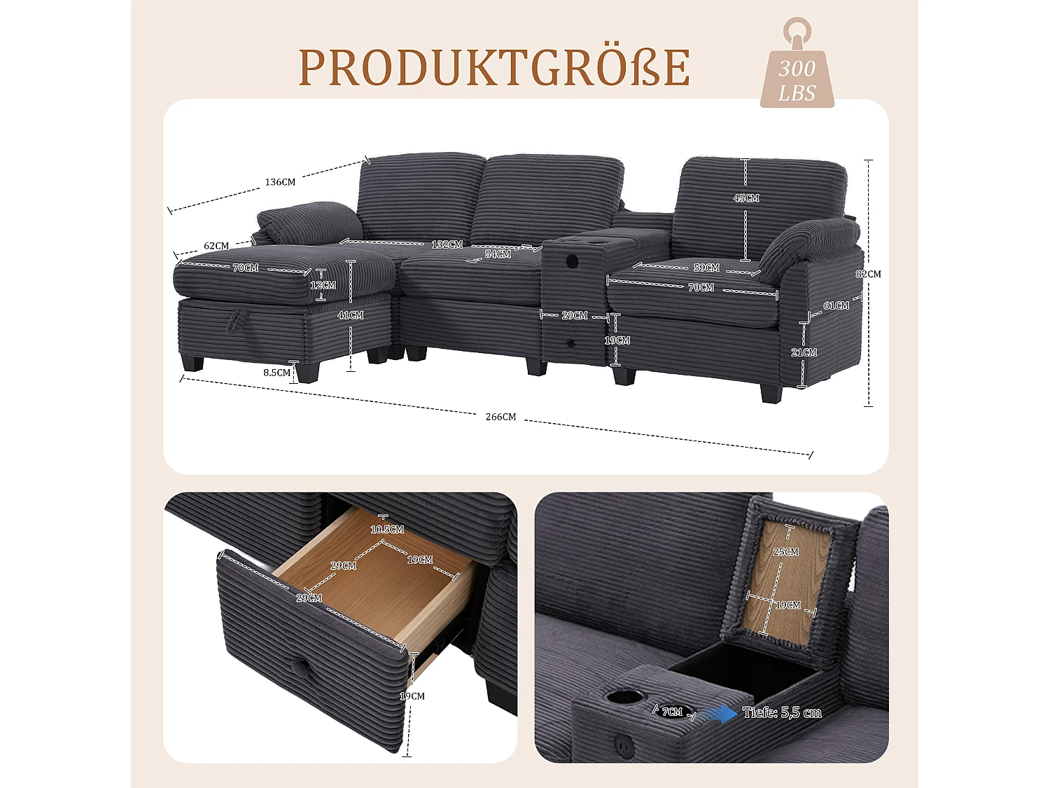 Sofá 266x136x82 cm, espuma viscoelástica, consola central deslizante con portavasos, USB C, pana gris oscuro