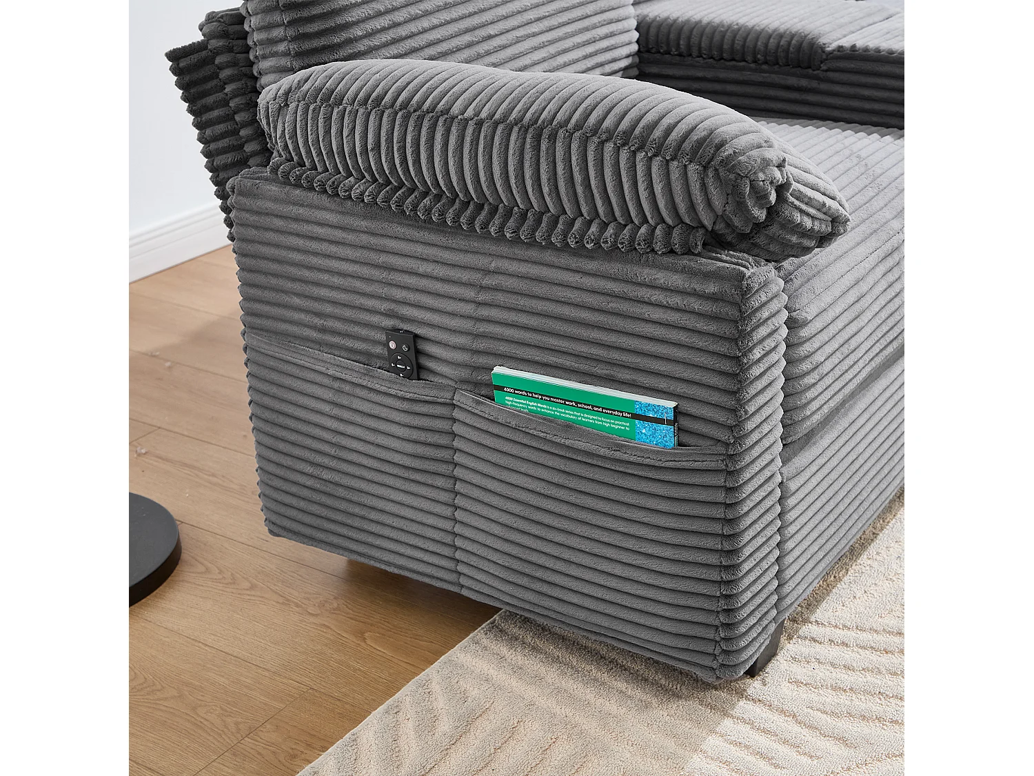 Sofá 266x136x82 cm, espuma viscoelástica, consola central deslizante con portavasos, USB C, pana gris oscuro