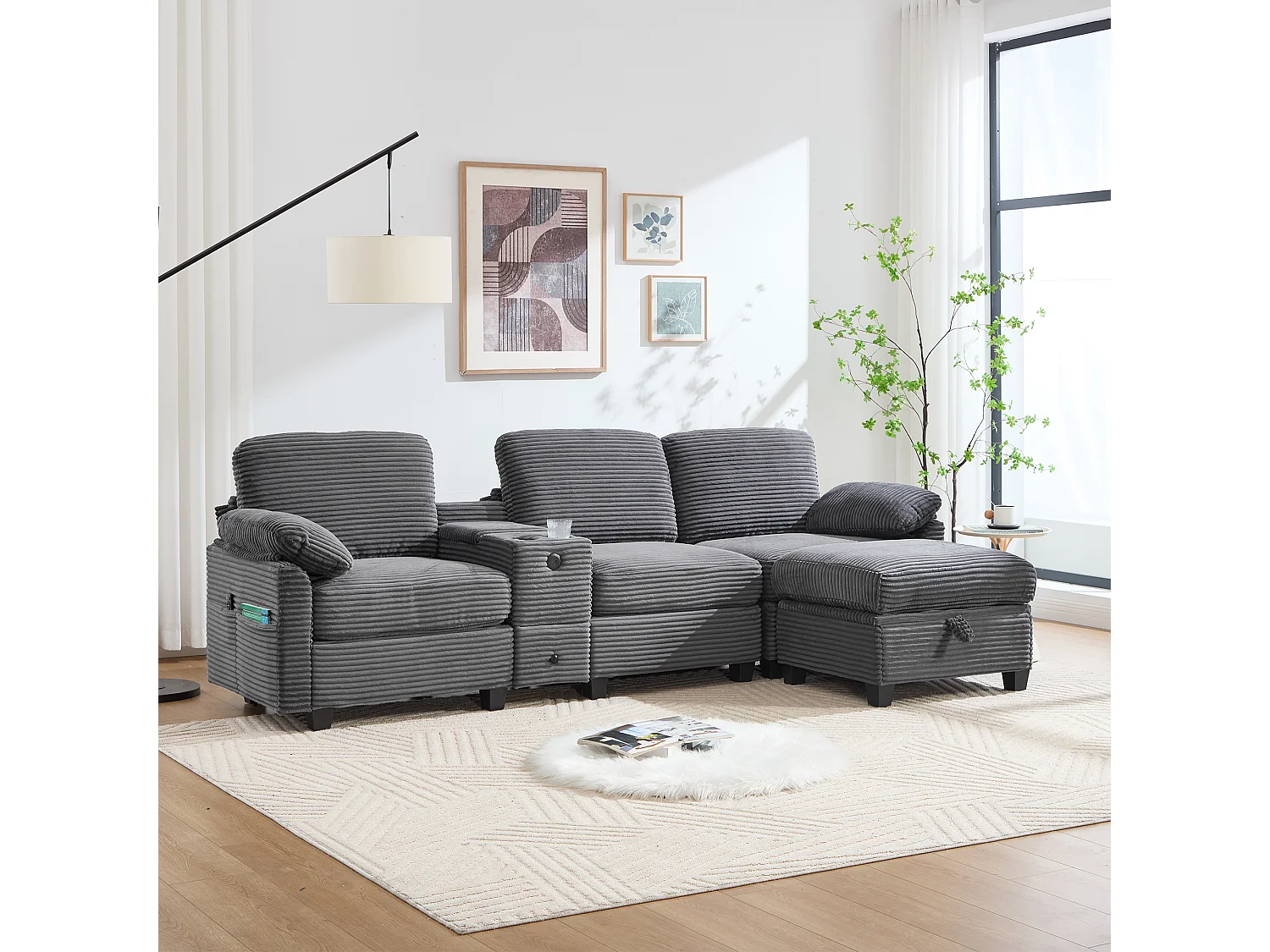 Sofá 266x136x82 cm, espuma viscoelástica, consola central deslizante con portavasos, USB C, pana gris oscuro