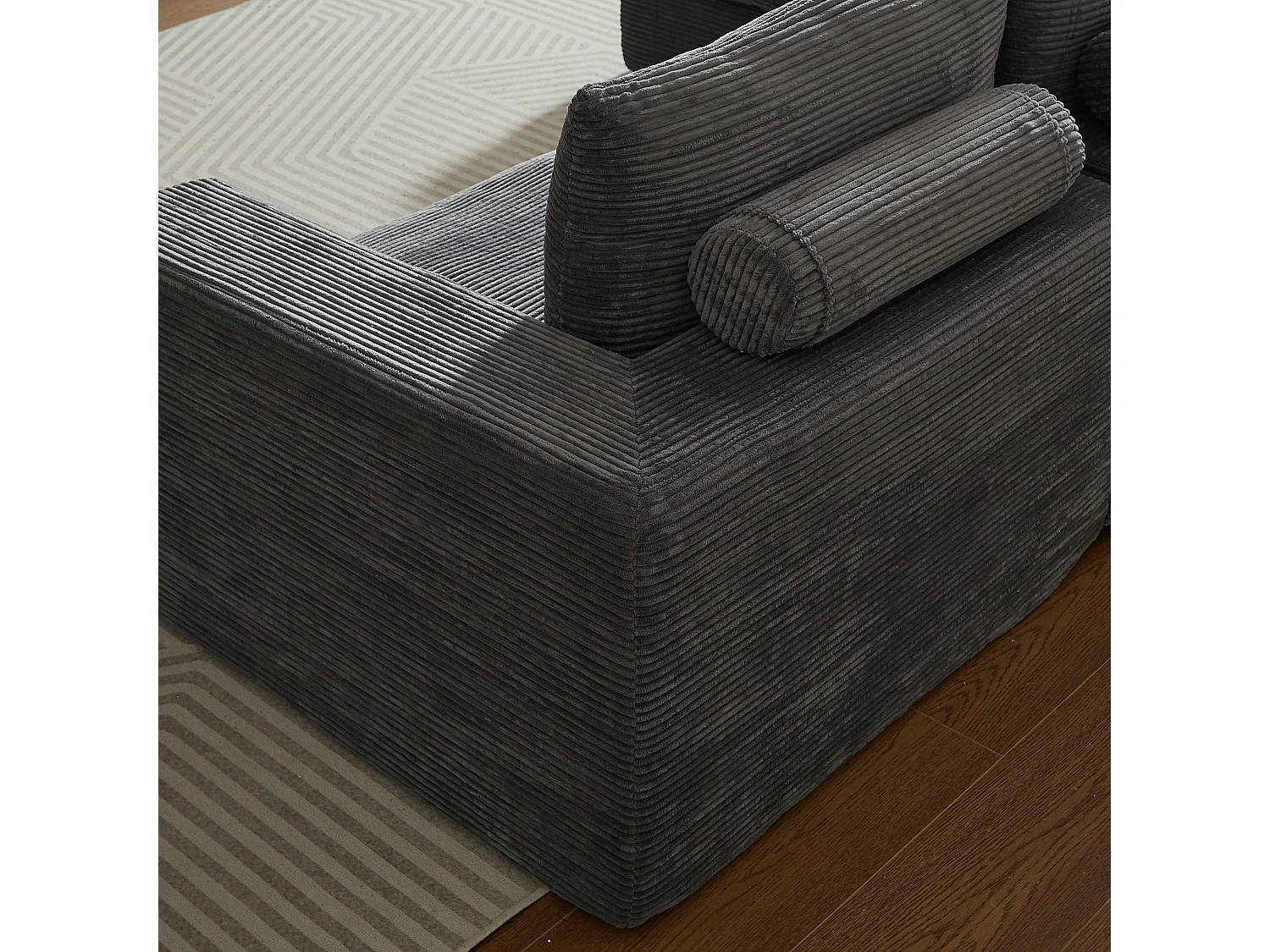 Canapé d'angle modulable, réversible gauche droite, sans montage, 4 modules, 3 coussins, velours côtelé gris foncé