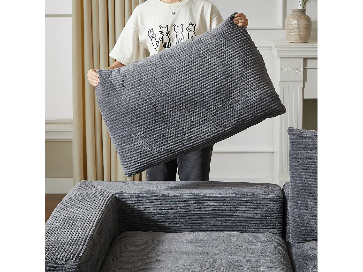 Canapé d'angle modulable, réversible gauche droite, sans montage, 4 modules, 3 coussins, velours côtelé gris foncé