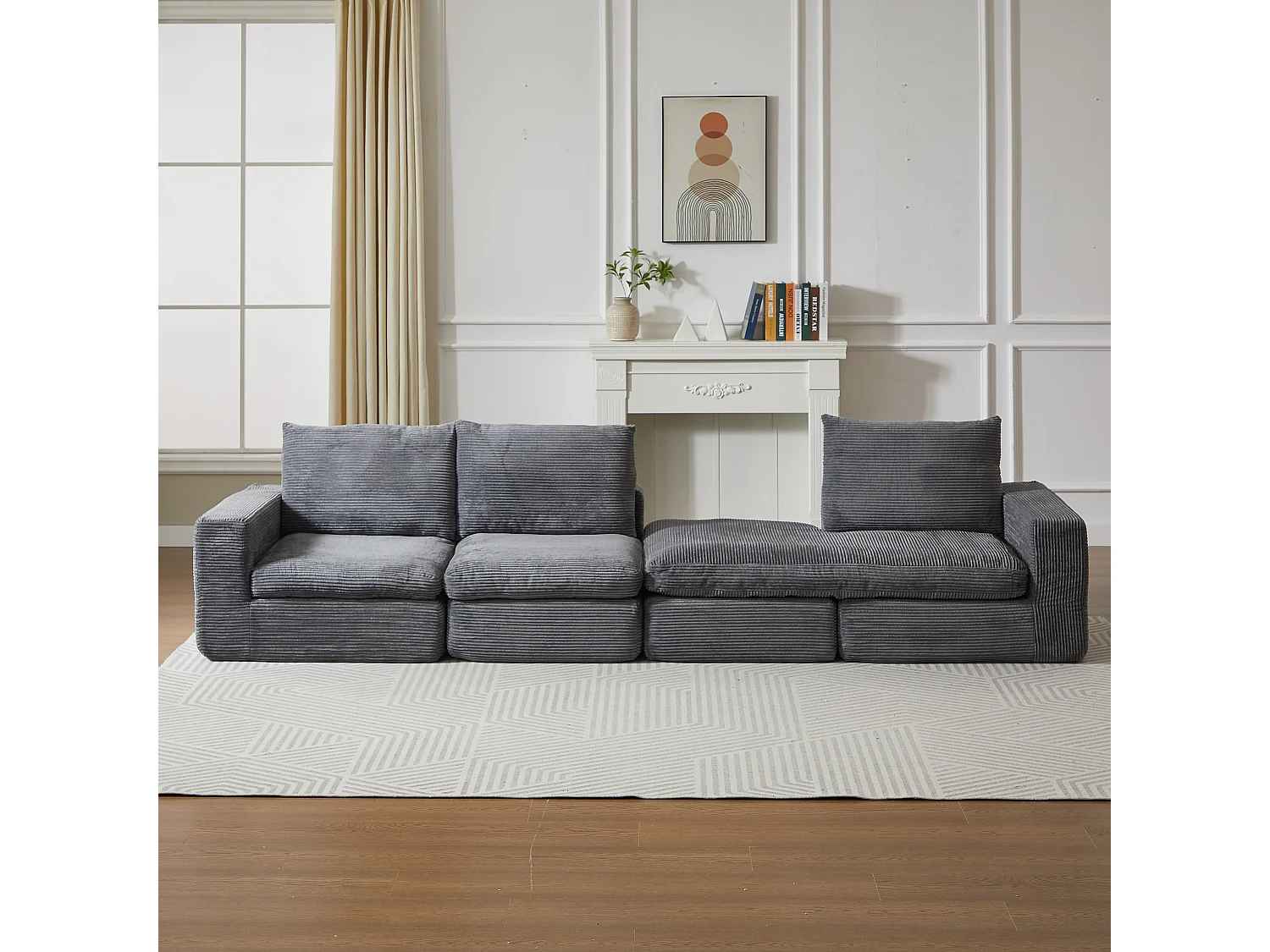 Canapé d'angle modulable, réversible gauche droite, sans montage, 4 modules, 3 coussins, velours côtelé gris foncé