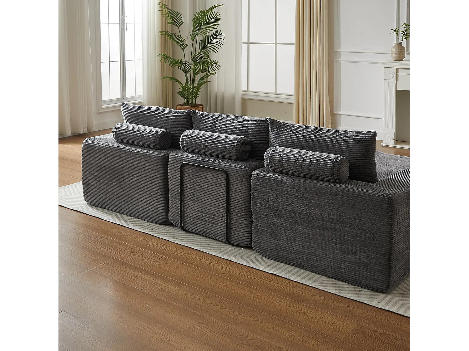 Canapé d'angle modulable, réversible gauche droite, sans montage, 4 modules, 3 coussins, velours côtelé gris foncé