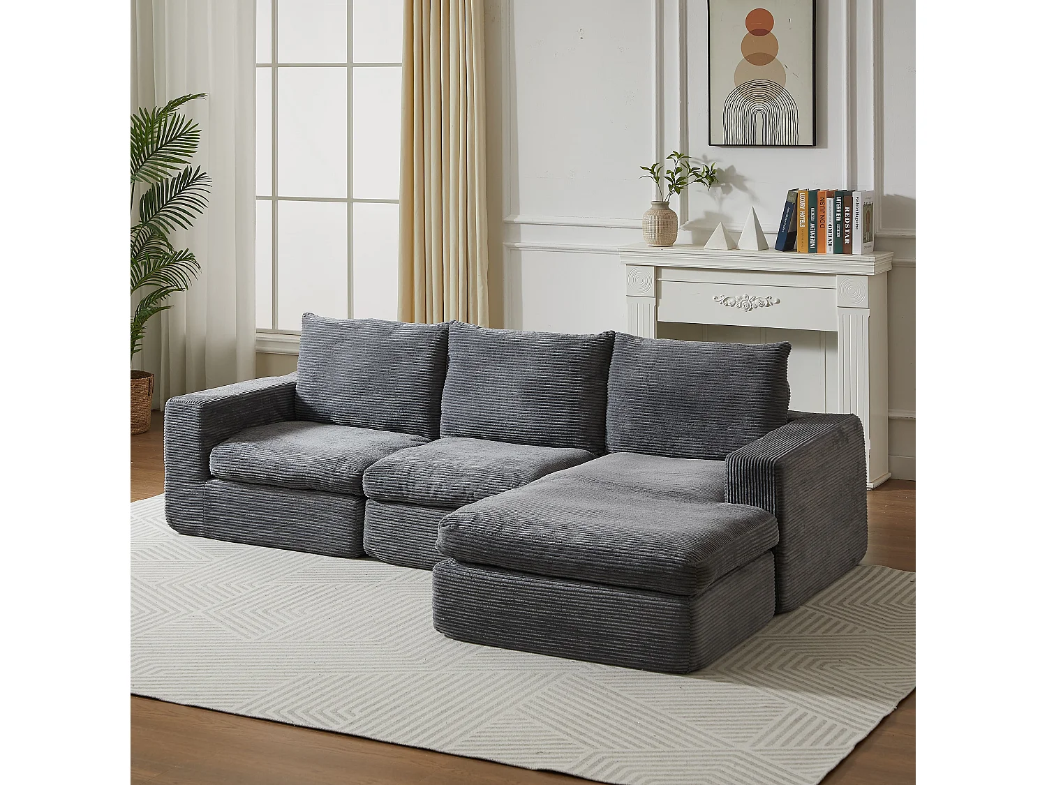 Canapé d'angle modulable, réversible gauche droite, sans montage, 4 modules, 3 coussins, velours côtelé gris foncé