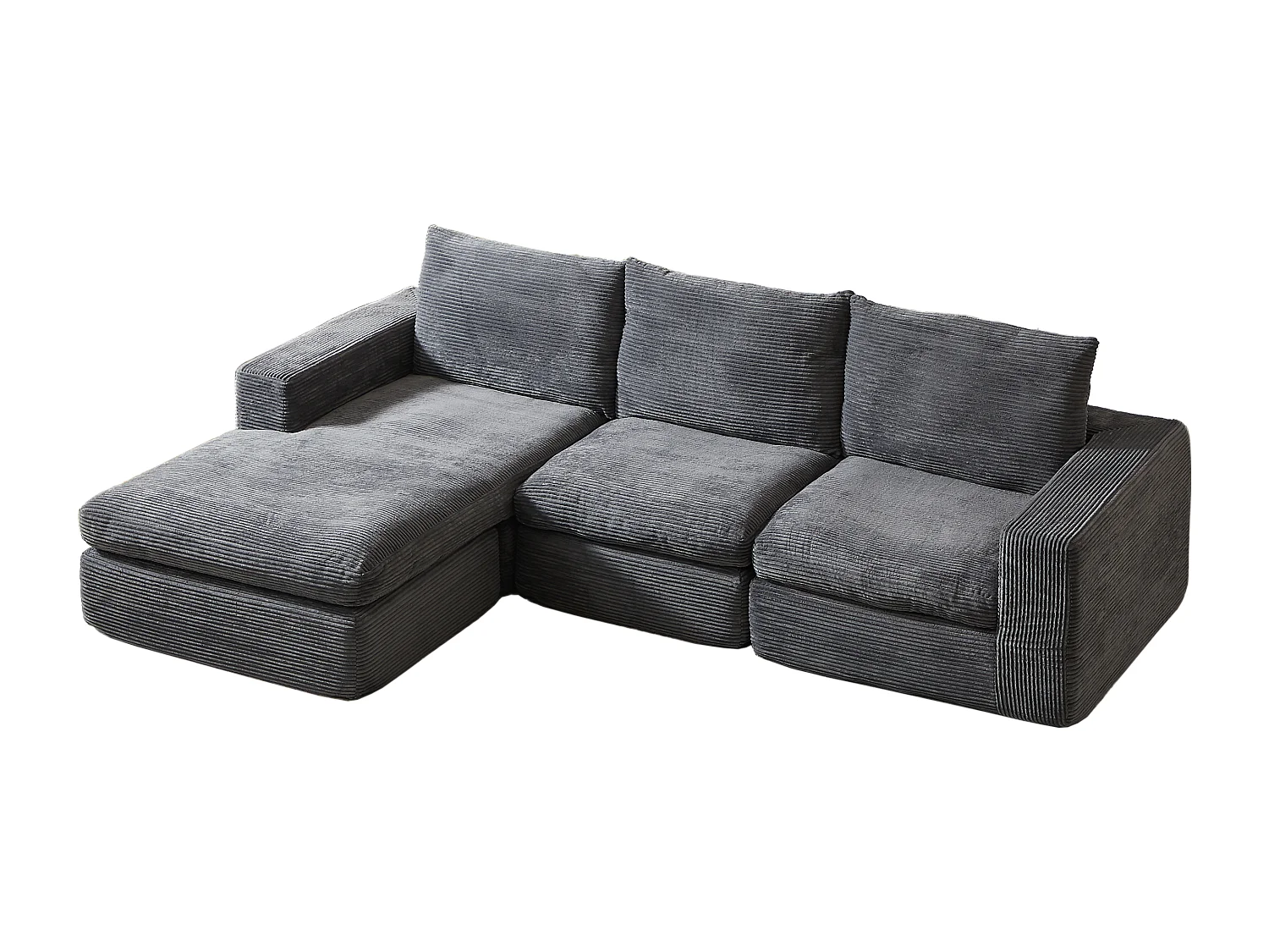 Canapé d'angle modulable, réversible gauche droite, sans montage, 4 modules, 3 coussins, velours côtelé gris foncé