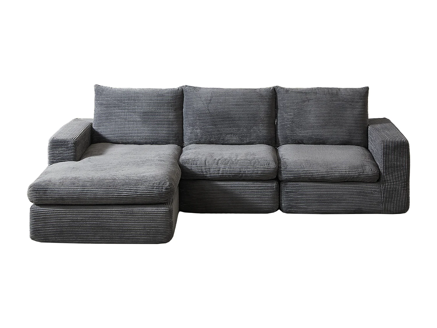 Canapé d'angle modulable, réversible gauche droite, sans montage, 4 modules, 3 coussins, velours côtelé gris foncé