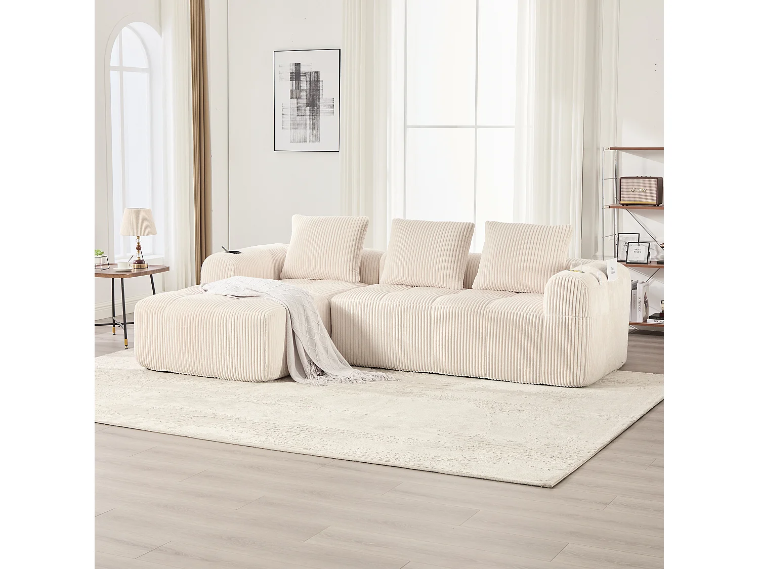 Canapé modulable avec poches latérales 253 x 158 x 61 cm structure stable velours côtelé beige