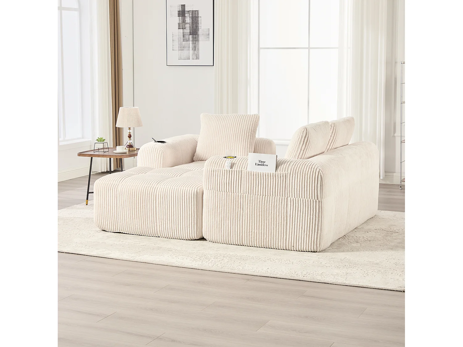 Canapé modulable avec poches latérales 253 x 158 x 61 cm structure stable velours côtelé beige