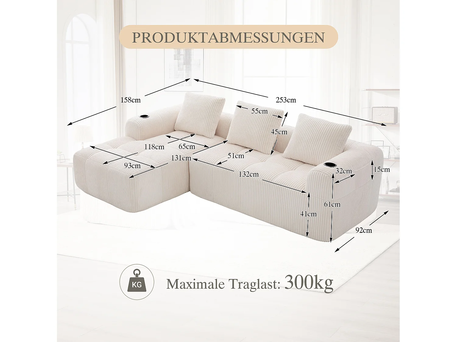 Compacte bank 253x158x61 cm, modulair DIY, zijvakken en bekerhouders, hogedichtheidsschuim, corduroy, beige