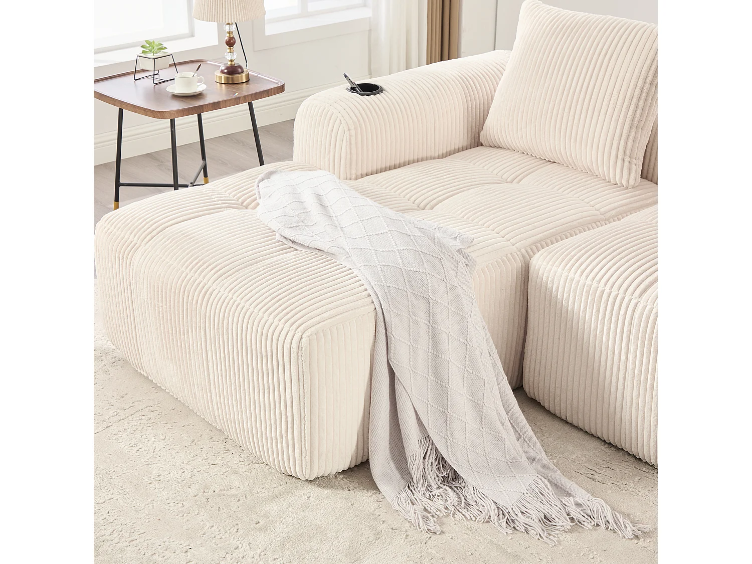 Compacte bank 253x158x61 cm, modulair DIY, zijvakken en bekerhouders, hogedichtheidsschuim, corduroy, beige