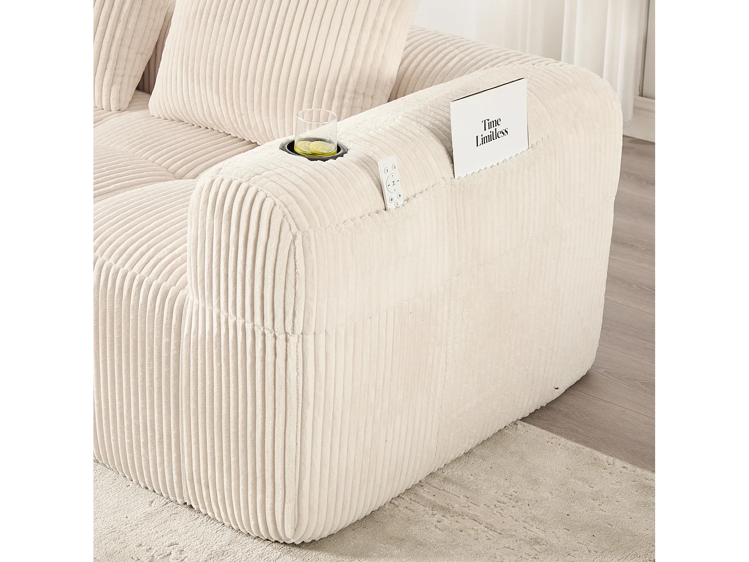 Compacte bank 253x158x61 cm, modulair DIY, zijvakken en bekerhouders, hogedichtheidsschuim, corduroy, beige