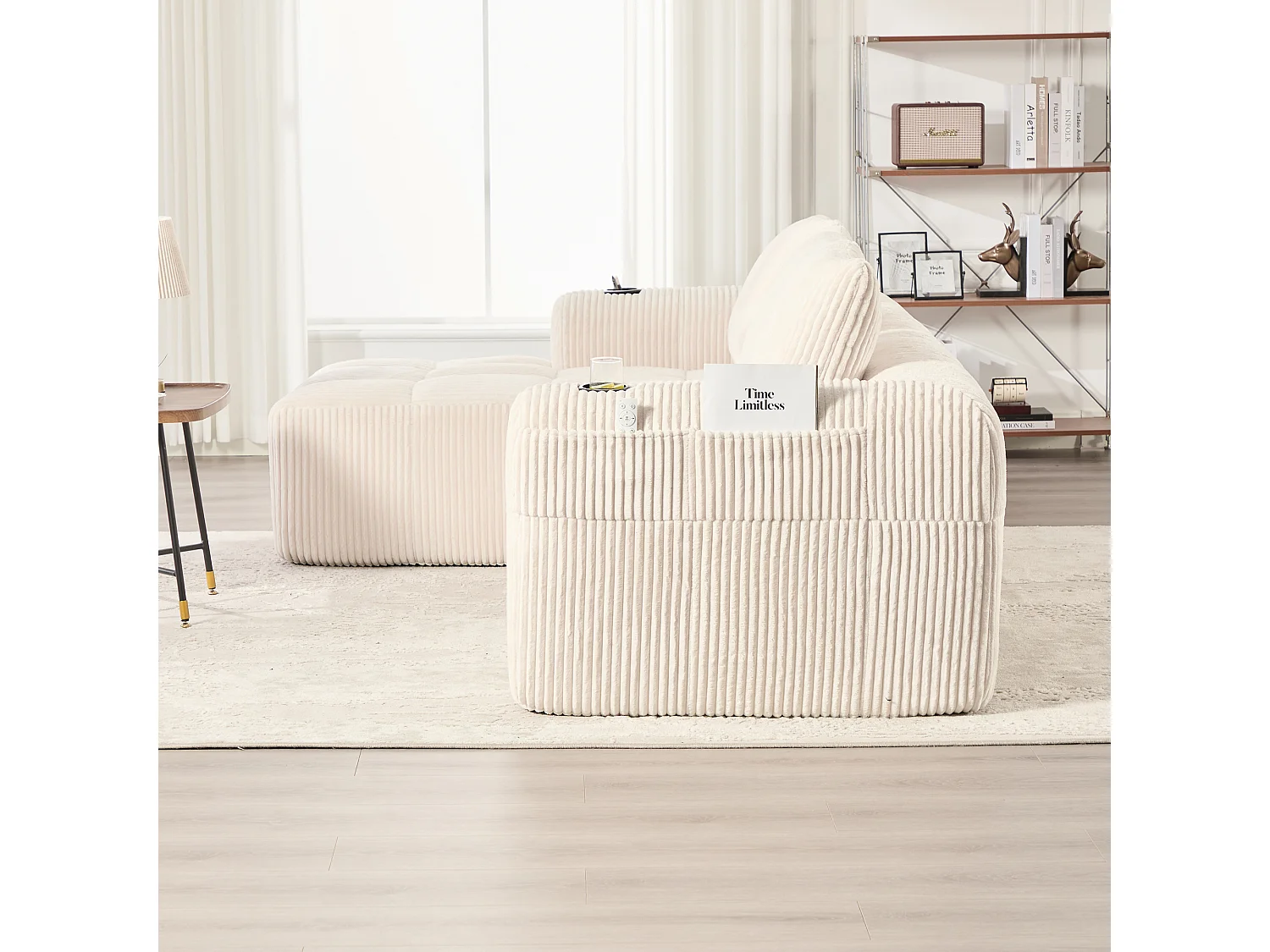 Compacte bank 253x158x61 cm, modulair DIY, zijvakken en bekerhouders, hogedichtheidsschuim, corduroy, beige