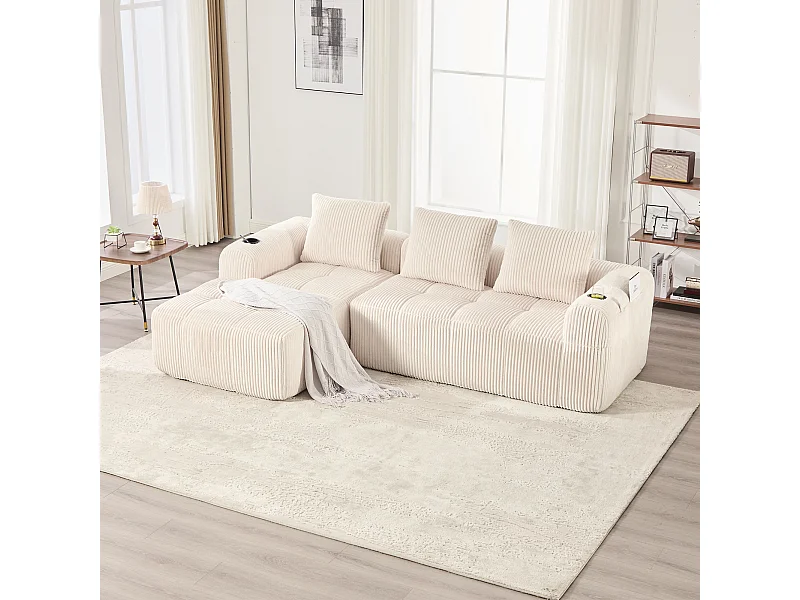 Canapé modulable avec poches latérales 253 x 158 x 61 cm structure stable velours côtelé beige