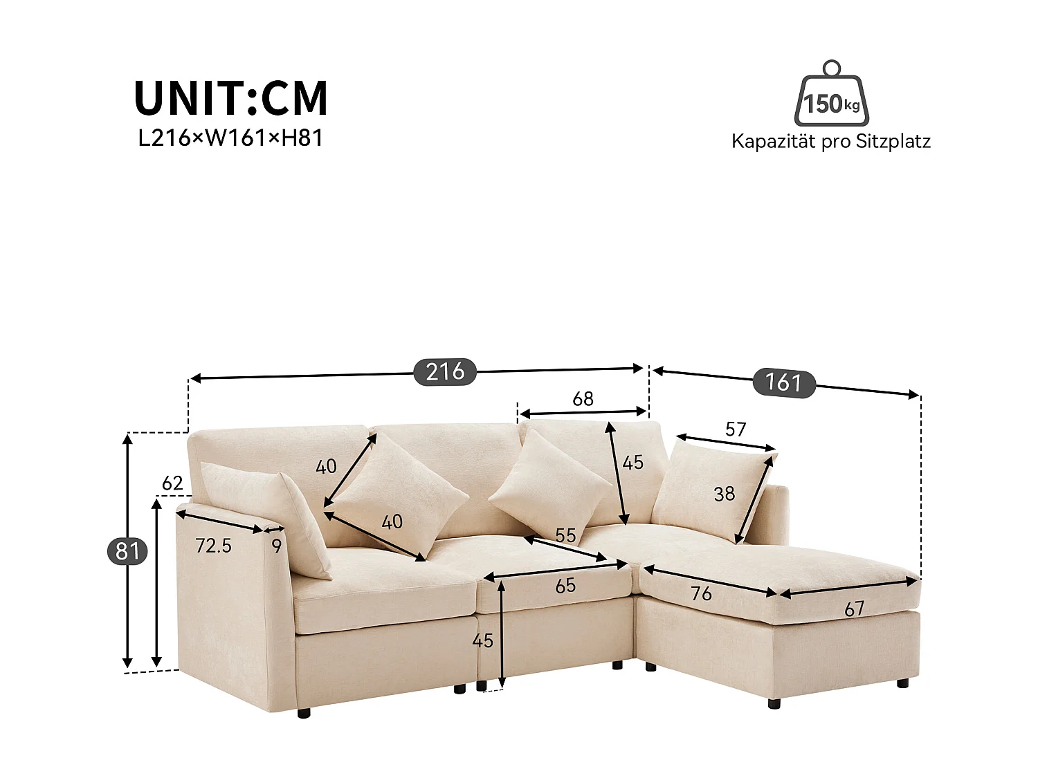 Canapé d’angle 216x161x81 cm, avec pouf mobile, 4 coussins, coussins d’assise déhoussables, chenille beige