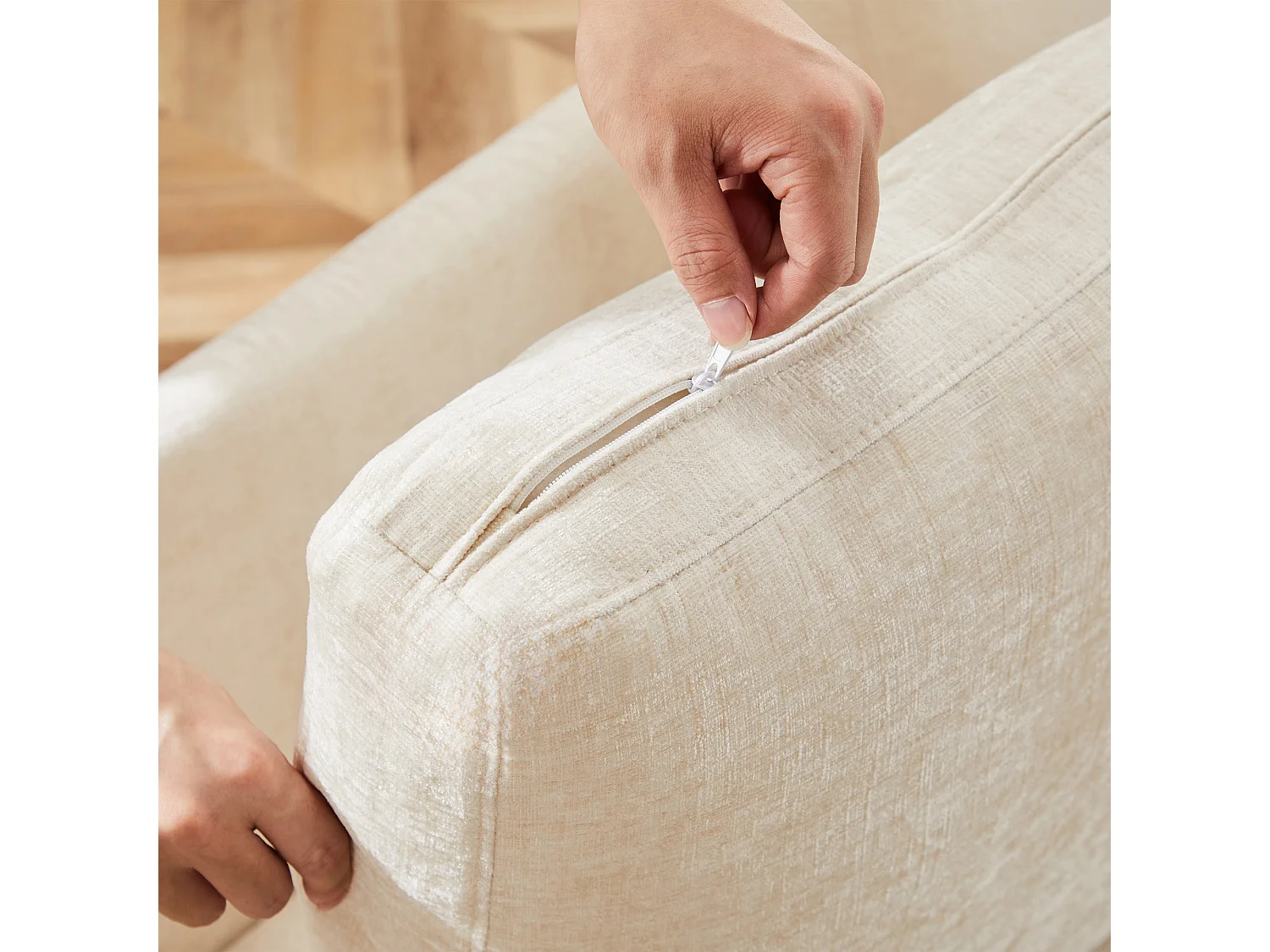 Canapé d’angle 216x161x81 cm, avec pouf mobile, 4 coussins, coussins d’assise déhoussables, chenille beige