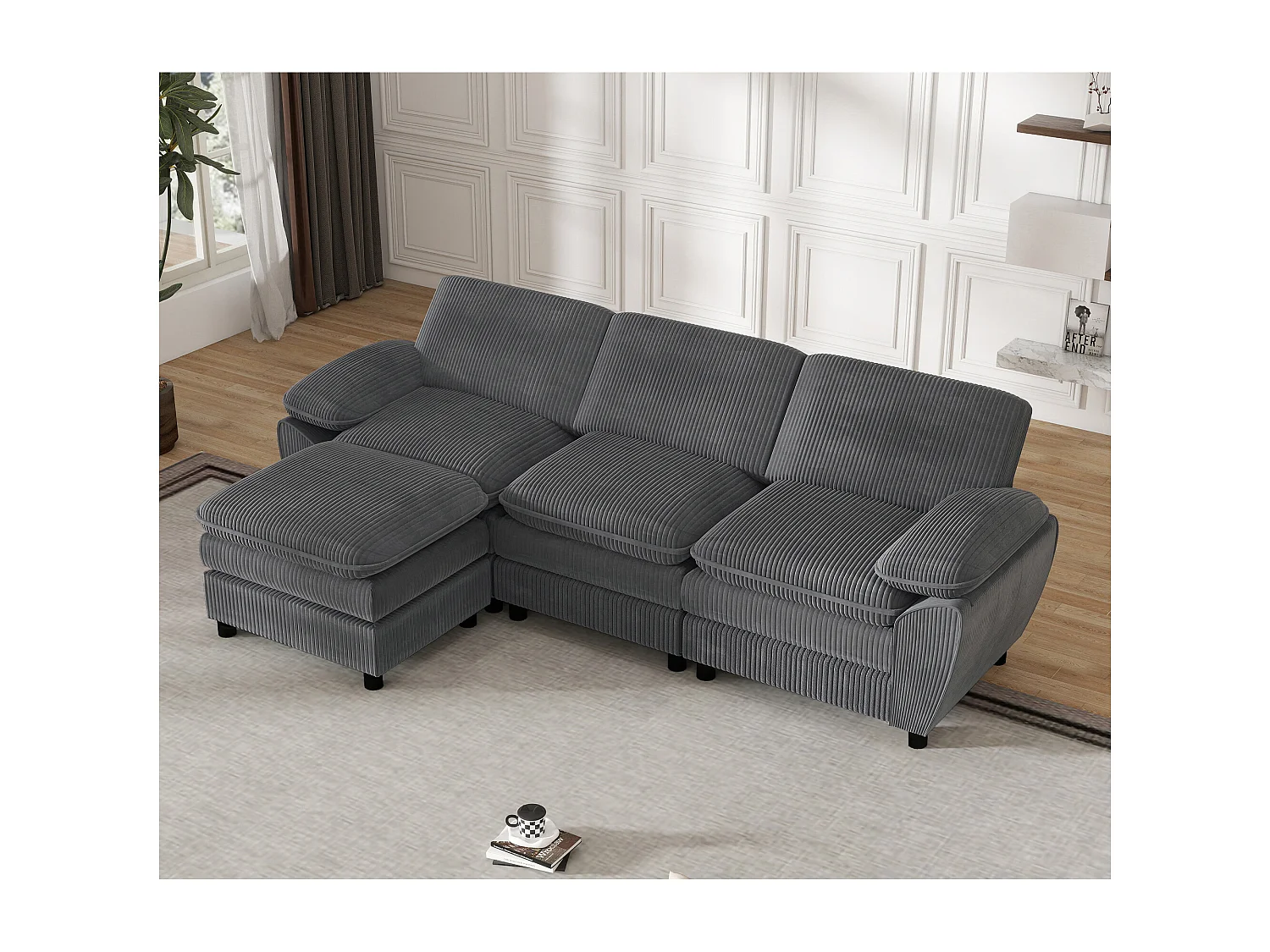 Canapé d’angle modulable 258x86.1x62.9 cm, ottoman amovible, 3 places, assise confortable, velours côtelé gris foncé