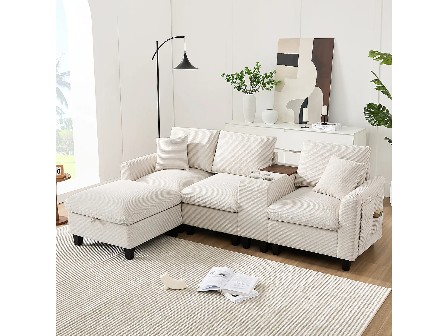 Hoekbank 229x149.5x83cm Modulair met middenconsole bekerhouders USB poorten Opberghocker ribfluweel Beige