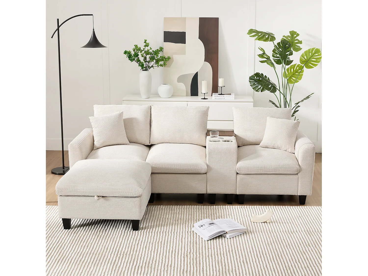 Hoekbank 229x149.5x83cm Modulair met middenconsole bekerhouders USB poorten Opberghocker ribfluweel Beige