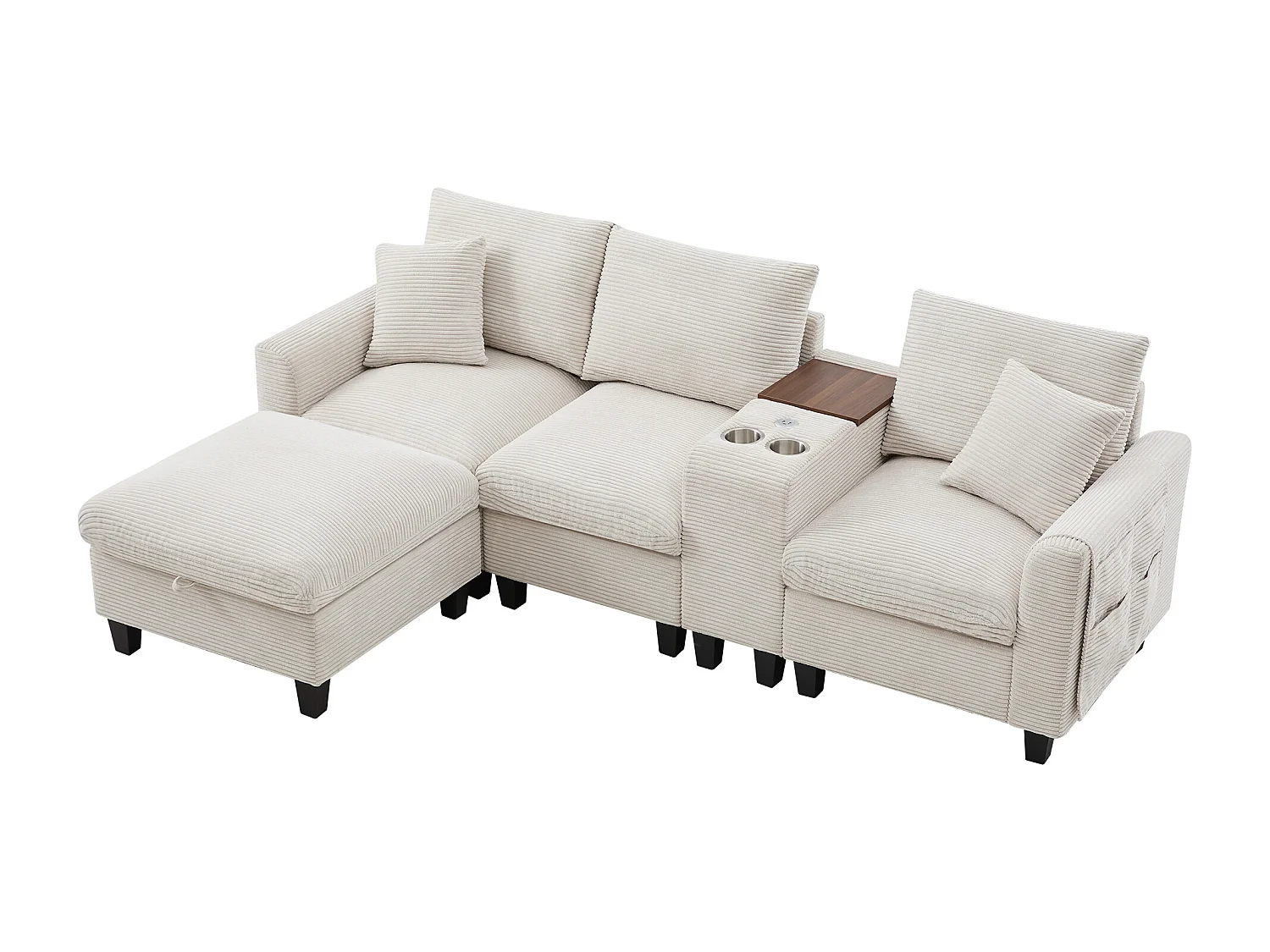 Canapé d’angle 229x149.5x83 cm, console avec 2 porte gobelets et 2 USB, pouf coffre, velours côtelé beige