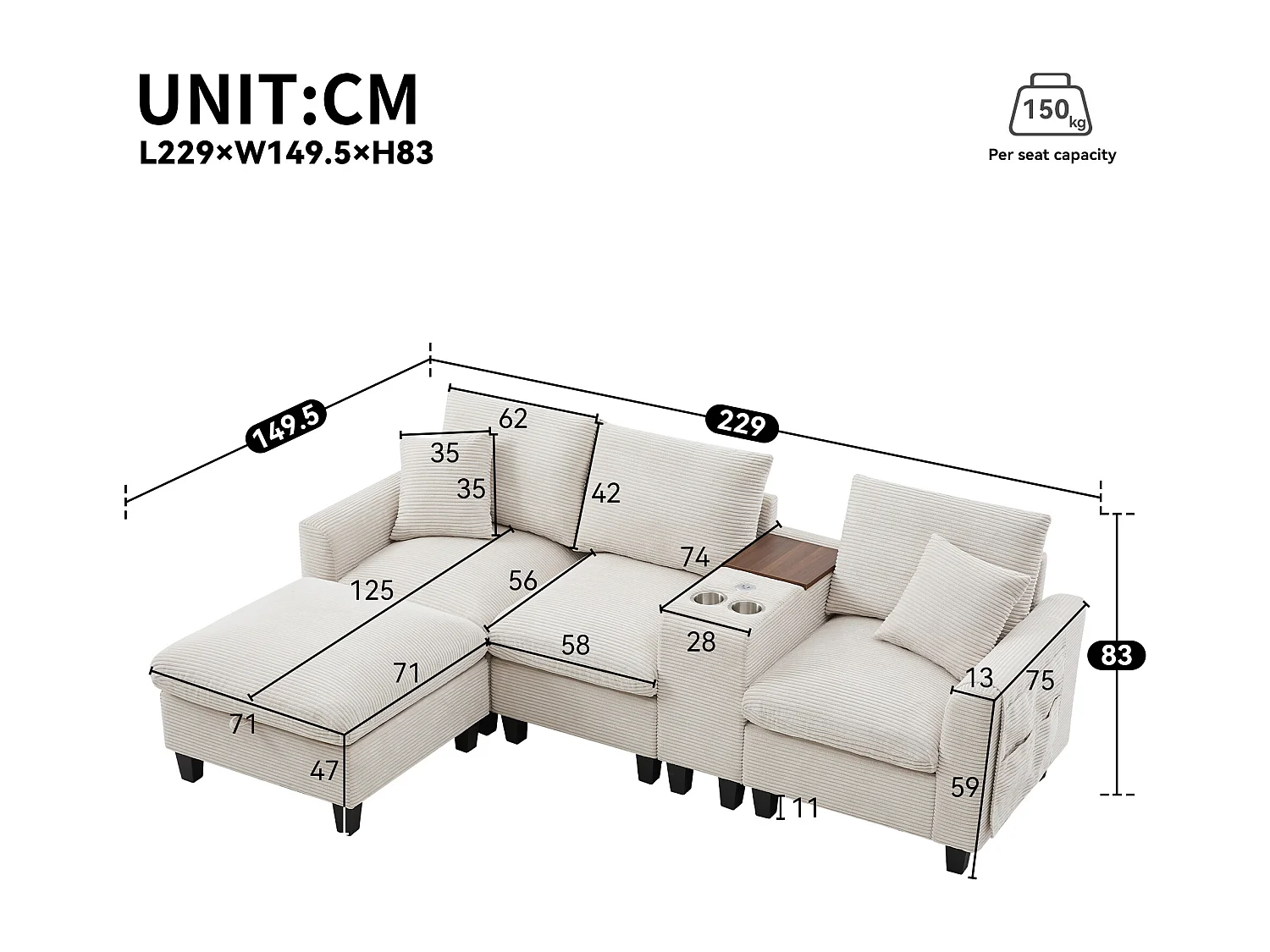 Canapé d’angle 229x149.5x83 cm, console avec 2 porte gobelets et 2 USB, pouf coffre, velours côtelé beige