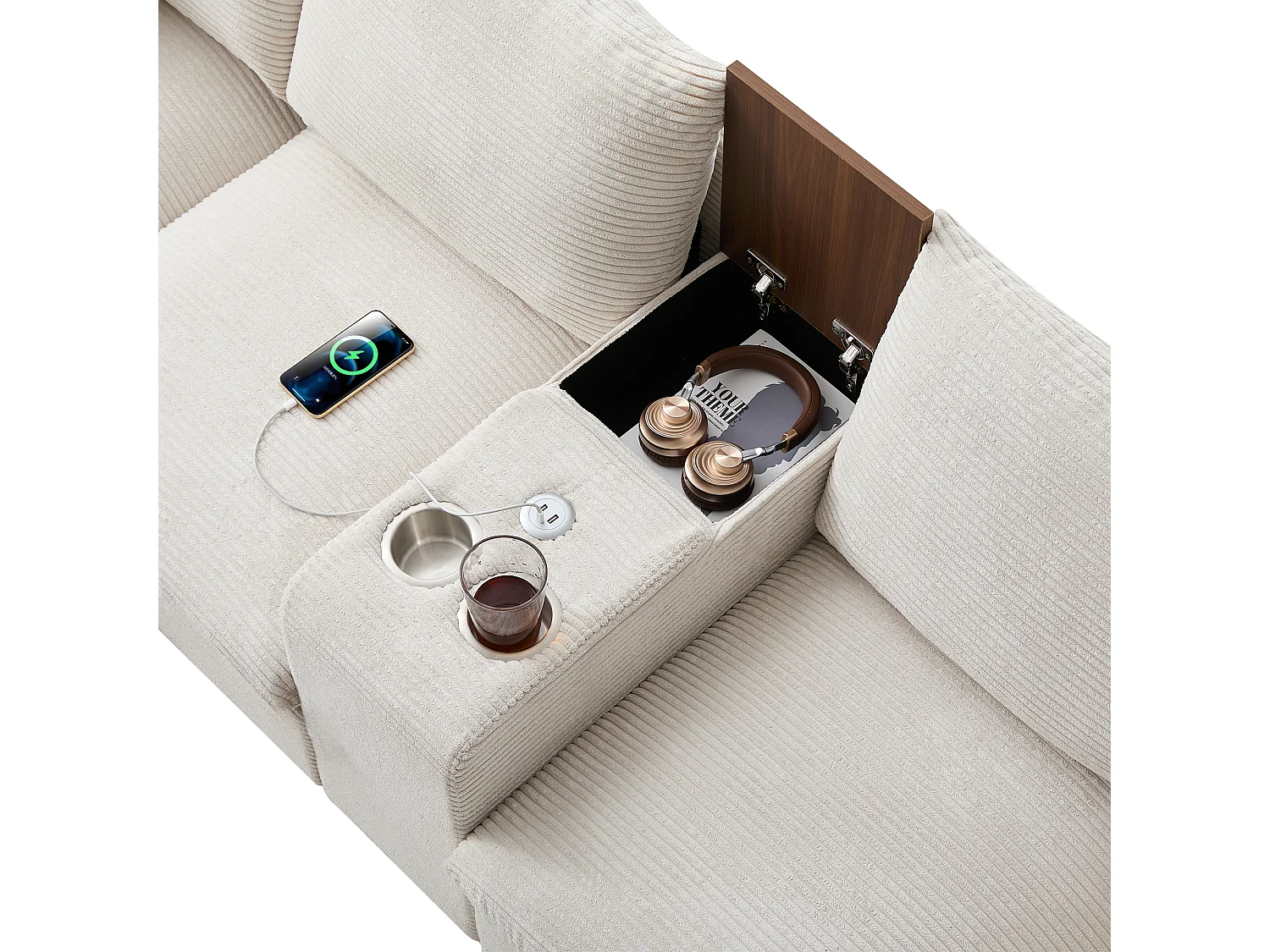 Canapé d’angle 229x149.5x83 cm, console avec 2 porte gobelets et 2 USB, pouf coffre, velours côtelé beige