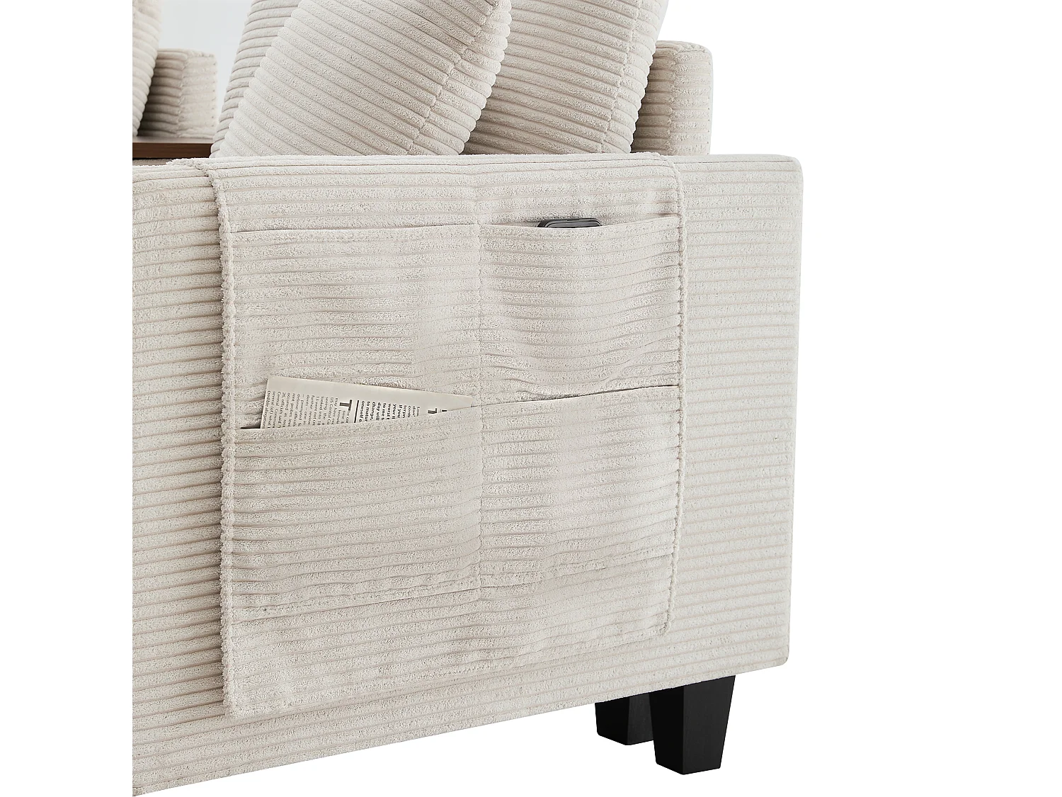 Canapé d’angle 229x149.5x83 cm, console avec 2 porte gobelets et 2 USB, pouf coffre, velours côtelé beige
