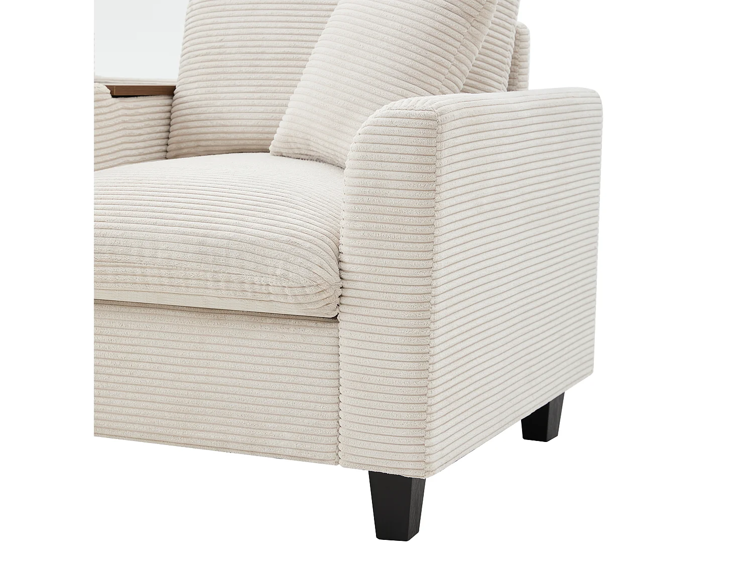 Canapé d’angle 229x149.5x83 cm, console avec 2 porte gobelets et 2 USB, pouf coffre, velours côtelé beige