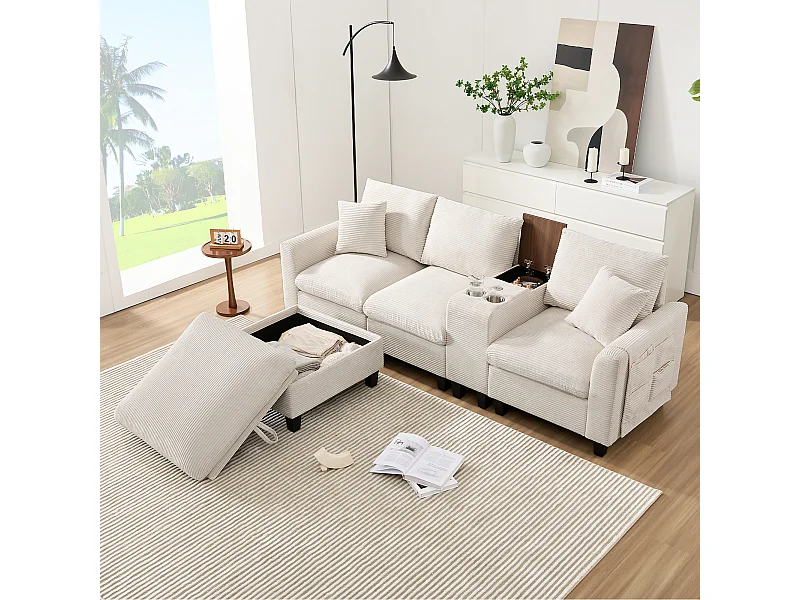 Hoekbank 229x149.5x83cm Modulair met middenconsole bekerhouders USB poorten Opberghocker ribfluweel Beige