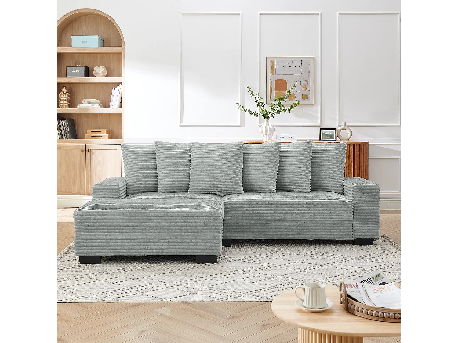 Canapé d angle 256.5x133.5x89cm mobilier contemporain gain de place fonction relax mousse dense tissu chenille pour salon gris