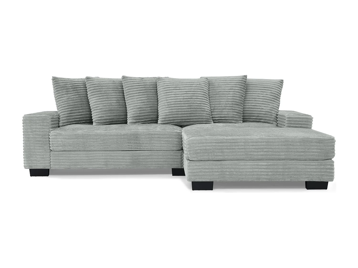 Canapé d'angle 256.5x133.5x89 cm, méridienne réversible, 6 coussins, pieds en plastique, velours côtelé gris