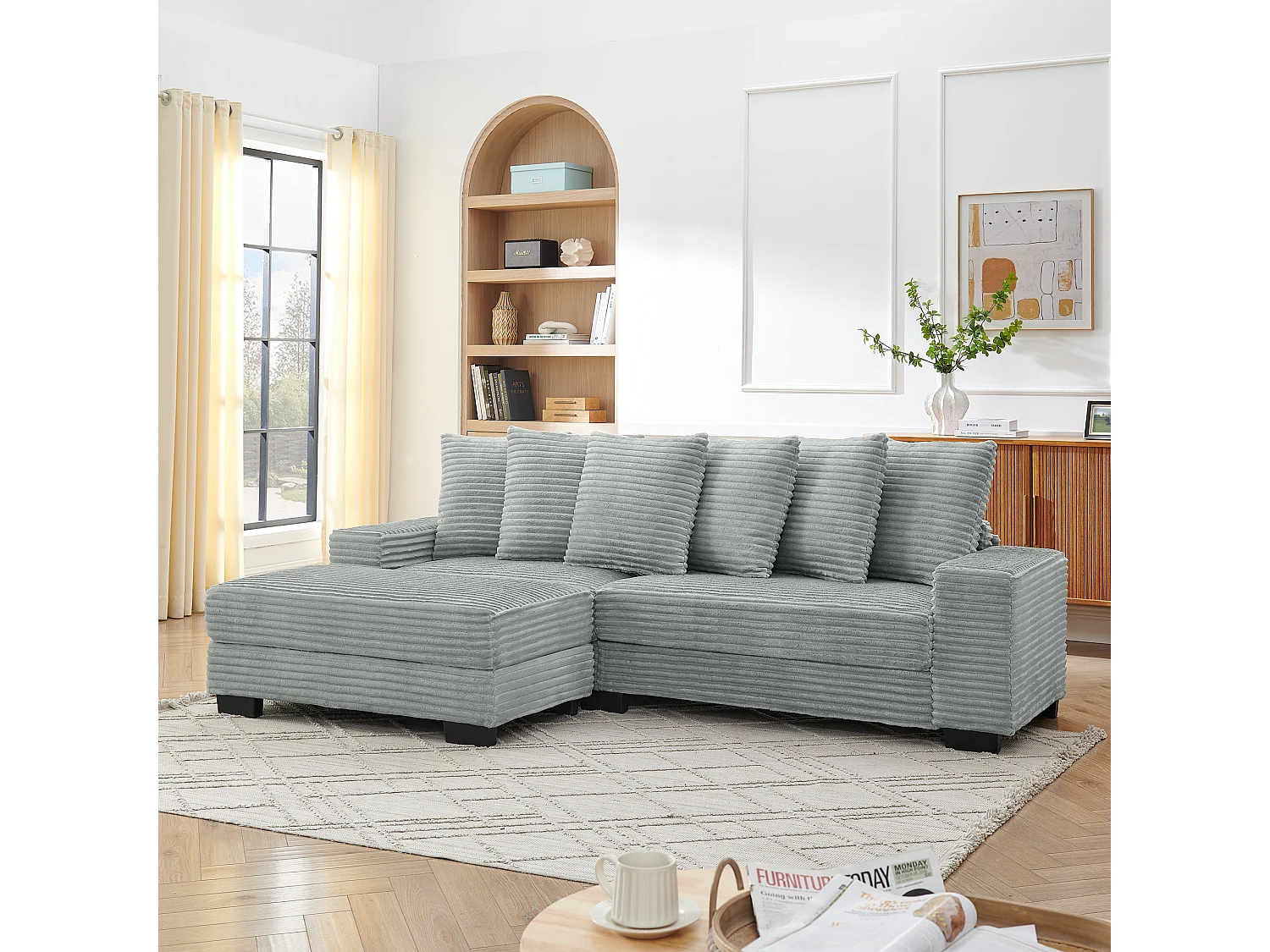 Canapé d'angle 256.5x133.5x89 cm, méridienne réversible, 6 coussins, pieds en plastique, velours côtelé gris