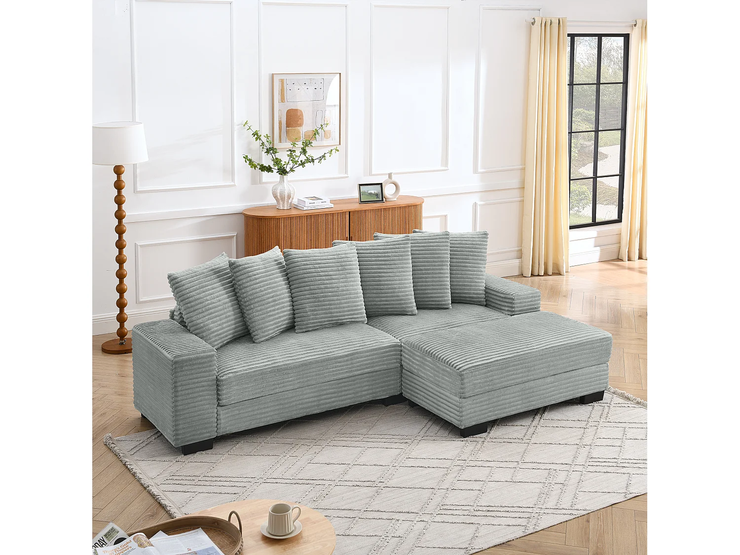 Canapé d'angle 256.5x133.5x89 cm, méridienne réversible, 6 coussins, pieds en plastique, velours côtelé gris