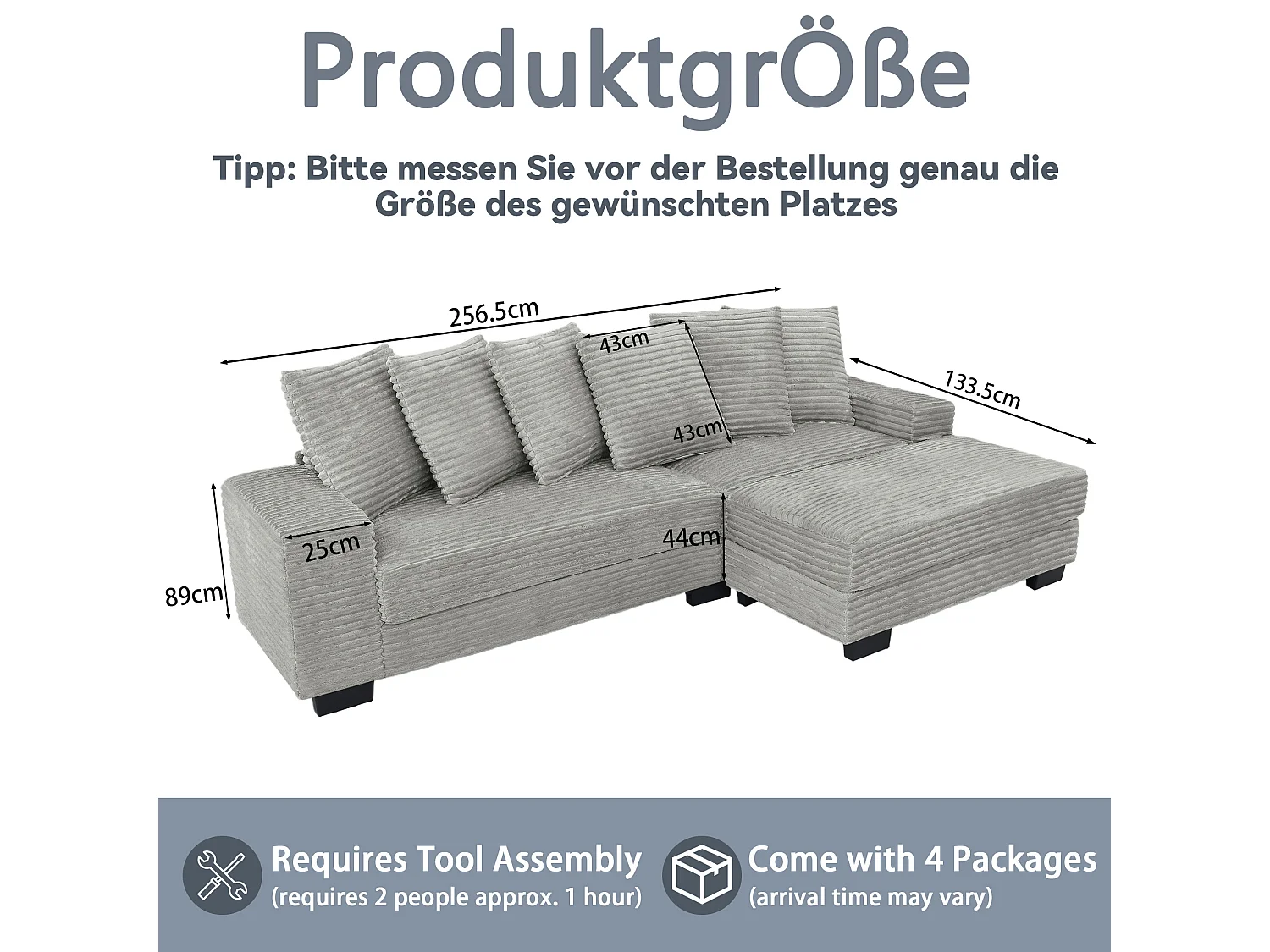 Canapé d'angle 256.5x133.5x89 cm, méridienne réversible, 6 coussins, pieds en plastique, velours côtelé gris