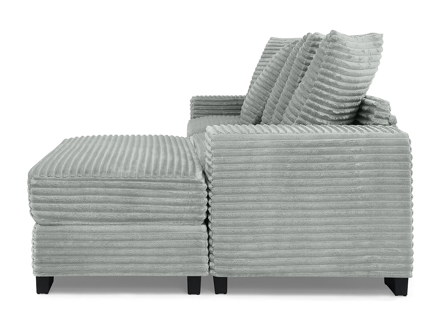 Canapé d'angle 256.5x133.5x89 cm, méridienne réversible, 6 coussins, pieds en plastique, velours côtelé gris