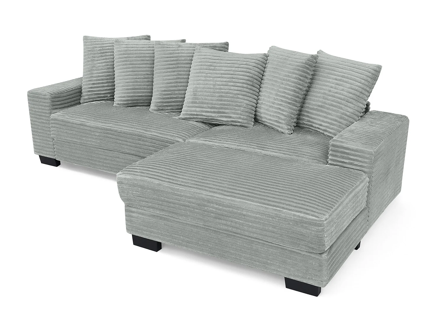 Canapé d'angle 256.5x133.5x89 cm, méridienne réversible, 6 coussins, pieds en plastique, velours côtelé gris