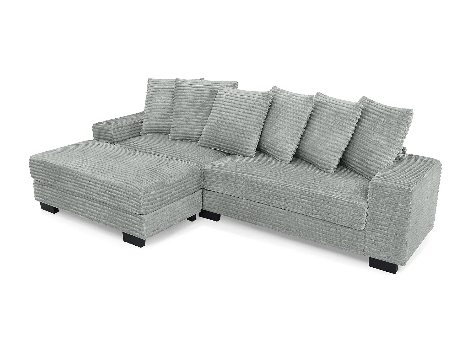 Canapé d'angle 256.5x133.5x89 cm, méridienne réversible, 6 coussins, pieds en plastique, velours côtelé gris
